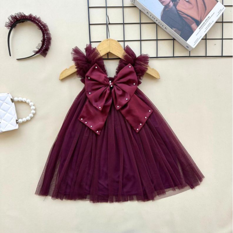 KODE B28A READY STOCK Dress pesta tutu tile anak dan bayi burgundy mutiara mewah bigbow pita satin b