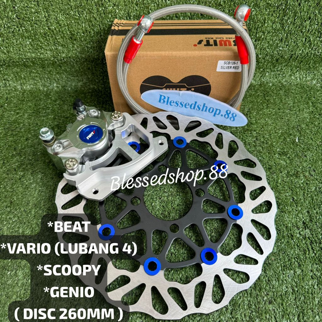 Paket Kaliper Swits 2 Piston + Piringan Disc Cakram 260Mm + 2 Baut + Selang Rem 95Cm + Breket 260Mm