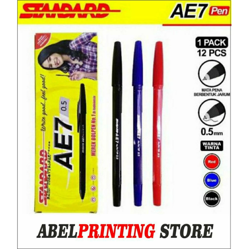 

(1Pack) Pulpen Standart AE7 0.5 isi 12 pcs Hitam Biru Merah