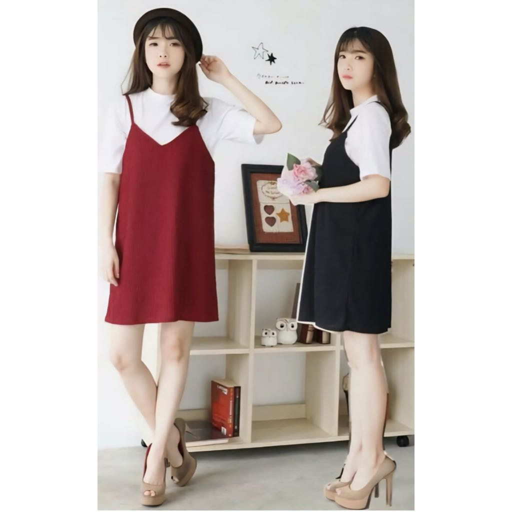 Mini dress cewek korea lengan pendek casual overall slip dress remaja model terbaru dress wanita