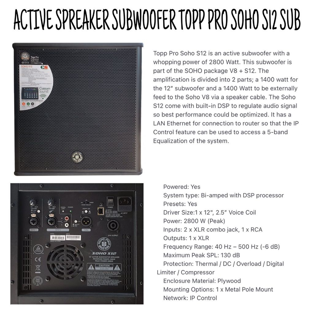 (JUAL 1 BUAH) ACTIVE SUBWOOFER TOPP PRO SOHO S12 SUB / SOHO S12SUB / SOHO12 SUB - ORIGINAL