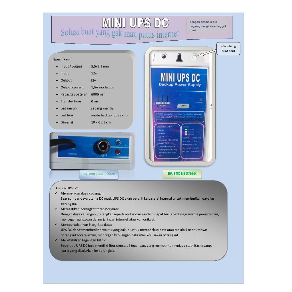 UPS DC, UPS DC 12V, MINI UPS DC, SMART UPS DC, BACKUP DC, Panjang kabel 100cm