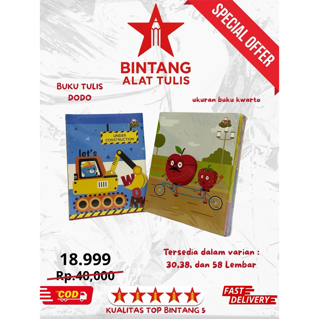 

Buku Tulis Anak Murah Motif Kartun - Buku Dodo Kwarto 30, 38, 58 Lembar - Buku Sekolah Lucu
