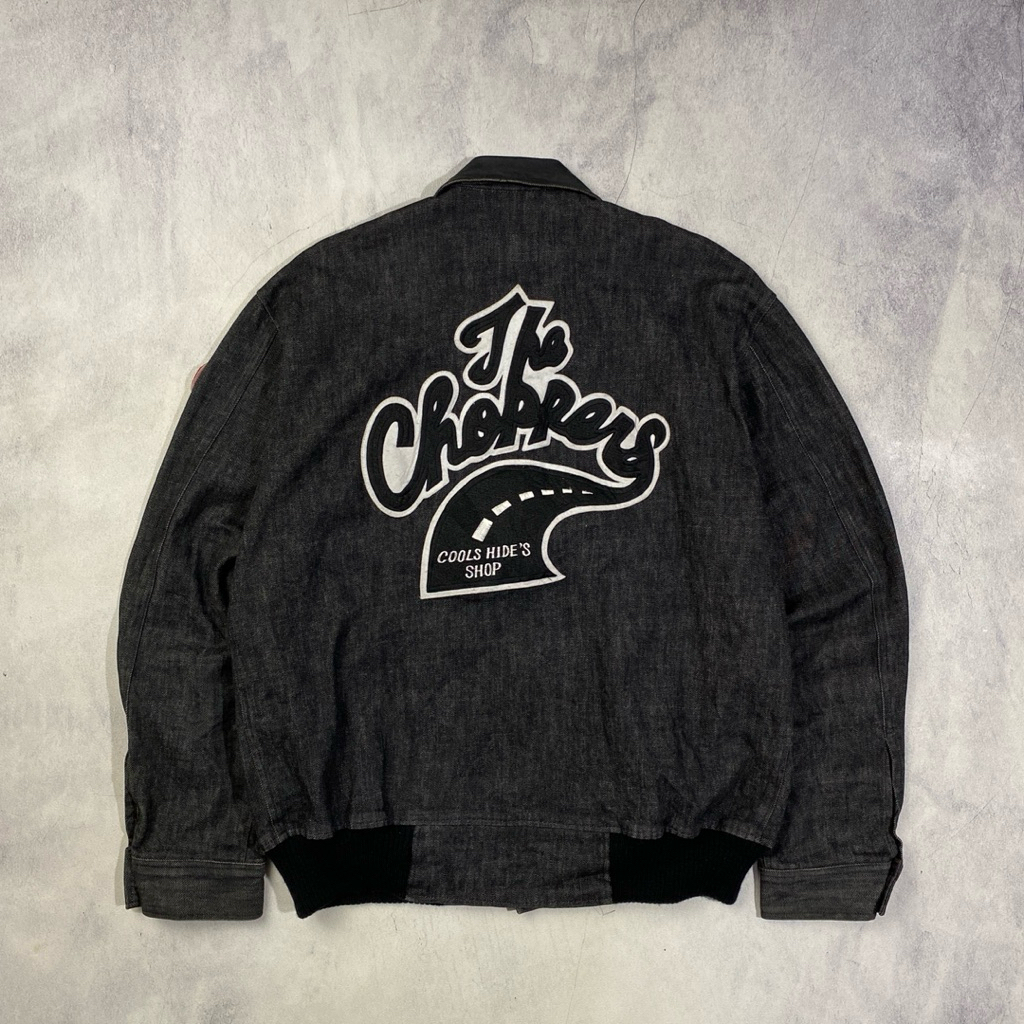 Vintage The Chopper Japan Leather Collar Black Washed Denim Varsity Jacket Casual Harrington Work Ja