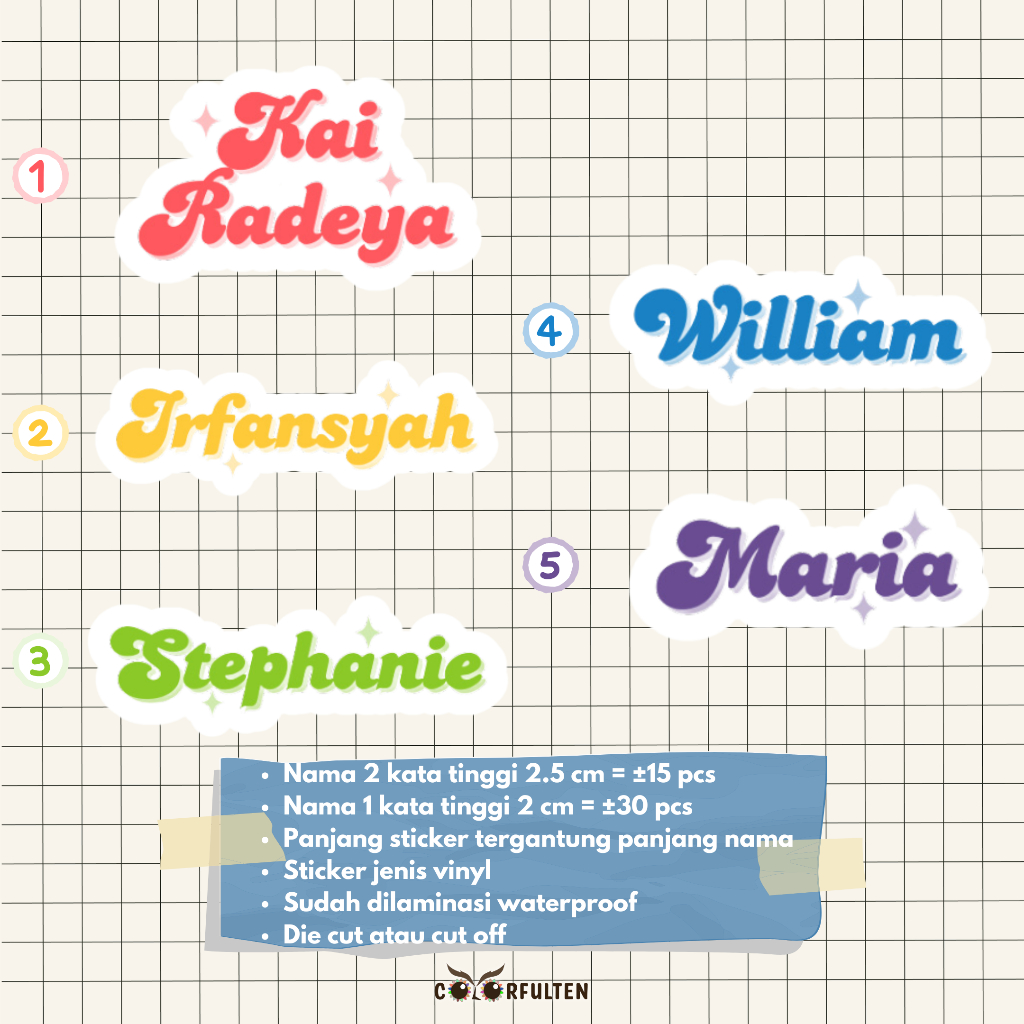 

Stiker nama vinyl custom waterproof anti air model retro / label nama sekolah