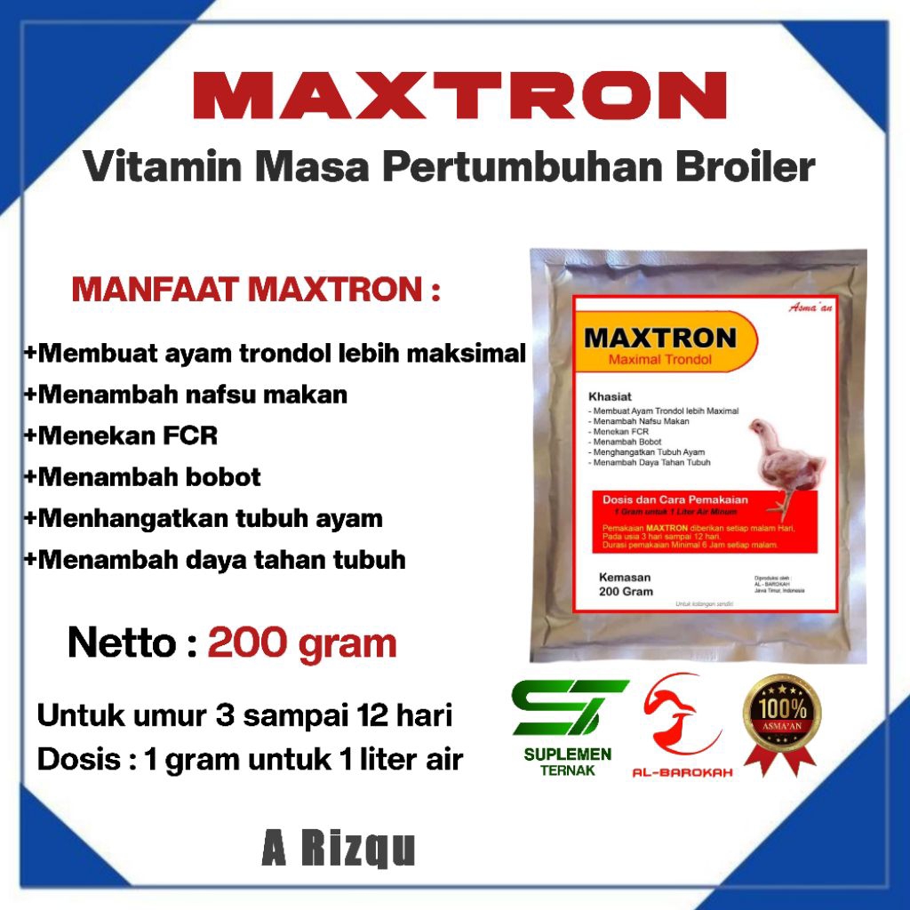 MAXTRON ( Maximal Trondol ayam broiler ) - SUPLEMEN MASA PERTUMBUHAN - SUPLEMEN dan VITAMIN AYAM BRO