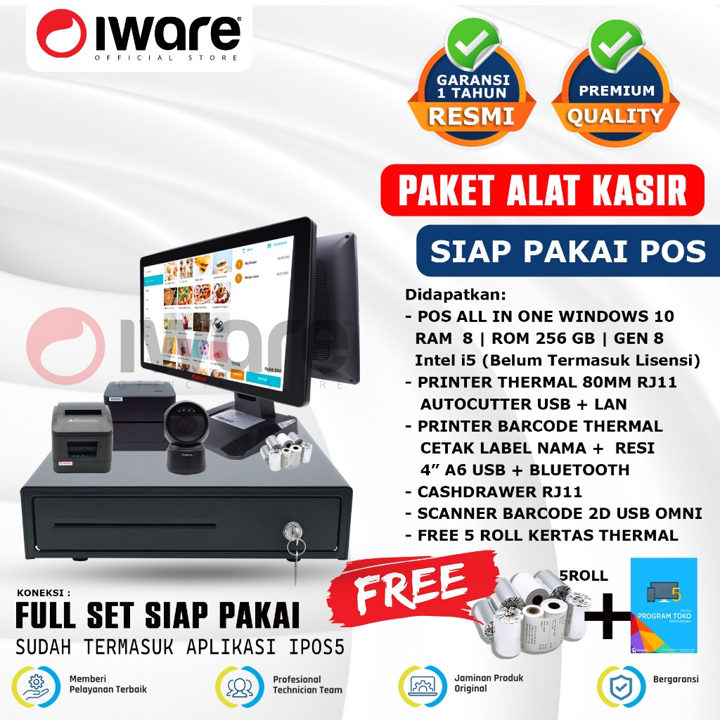 Iware Paket Mesin Kasir Intel i5 8/256GB Windows 10 with Printer thermal 80mm Autocutter | Barcode S