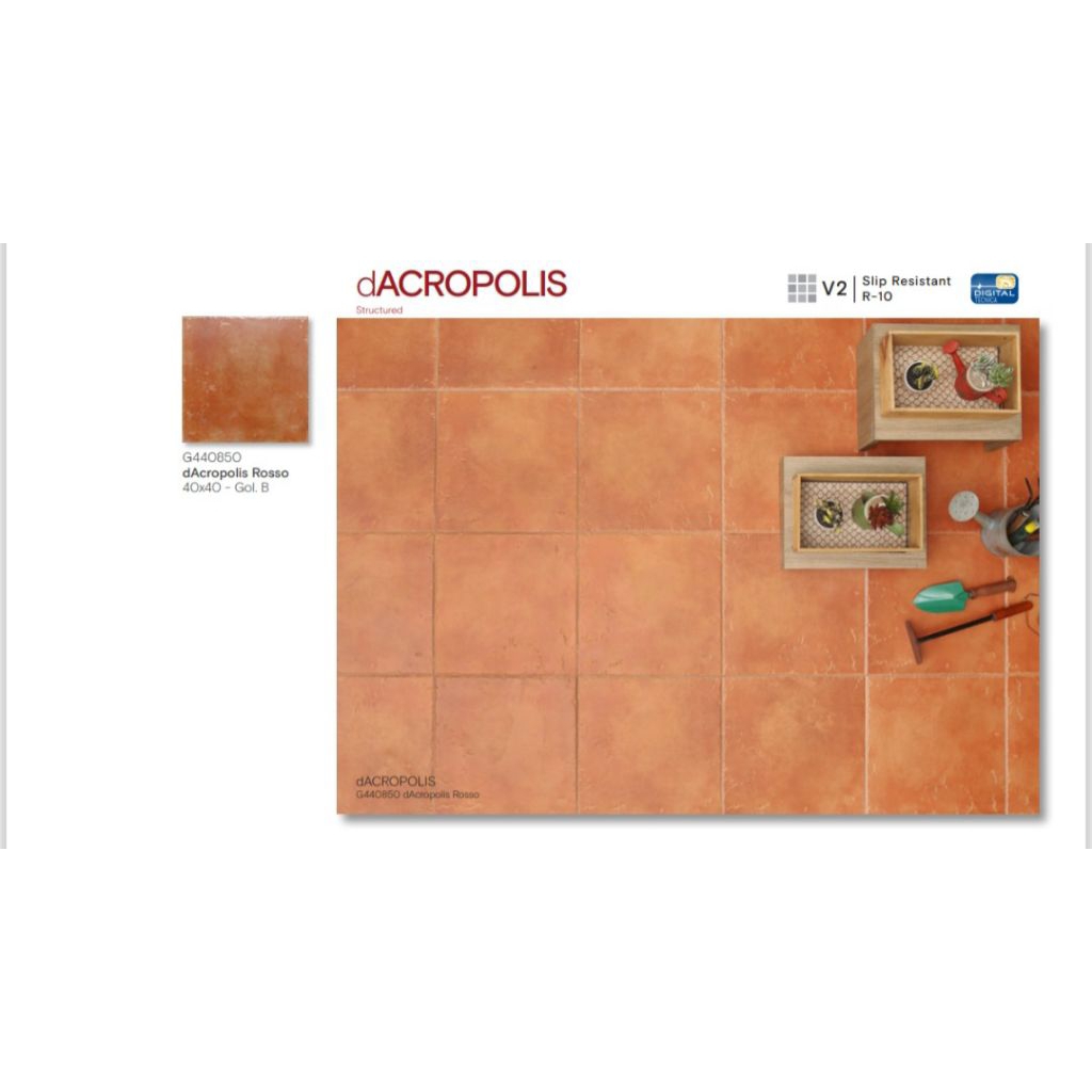 KERAMIK MERK ROMAN TIPE dACROPOLIS ROSSO UKURAN 40x40 PERMUKAAN TEKSTURE MATT STRUCTURE KASAR UNTUK 