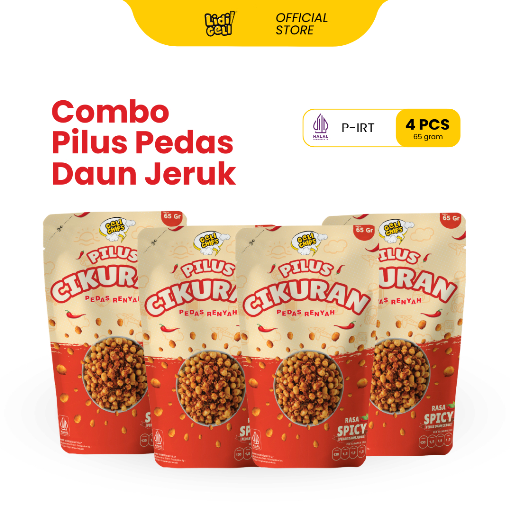 

Geli Chips Combo 4pcs - Pilus Cikuran Spicy Pedas Gurih (Sukro Cikur) - Super Hemat