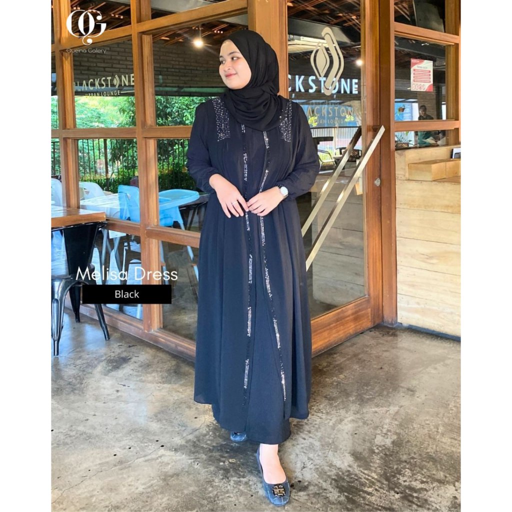Gamis Kombinasi Mutiara Hitam Putih Ceruty Babydoll Premium Abaya Melisa Dress Queina