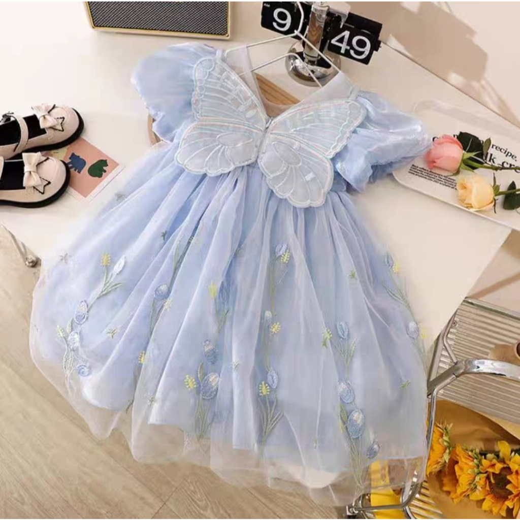 (USIA 4/5TH) YNGH-DRESS SATIN BIRU KOMBINASI TILE BUNGA BORDIR SAYAP KUPU