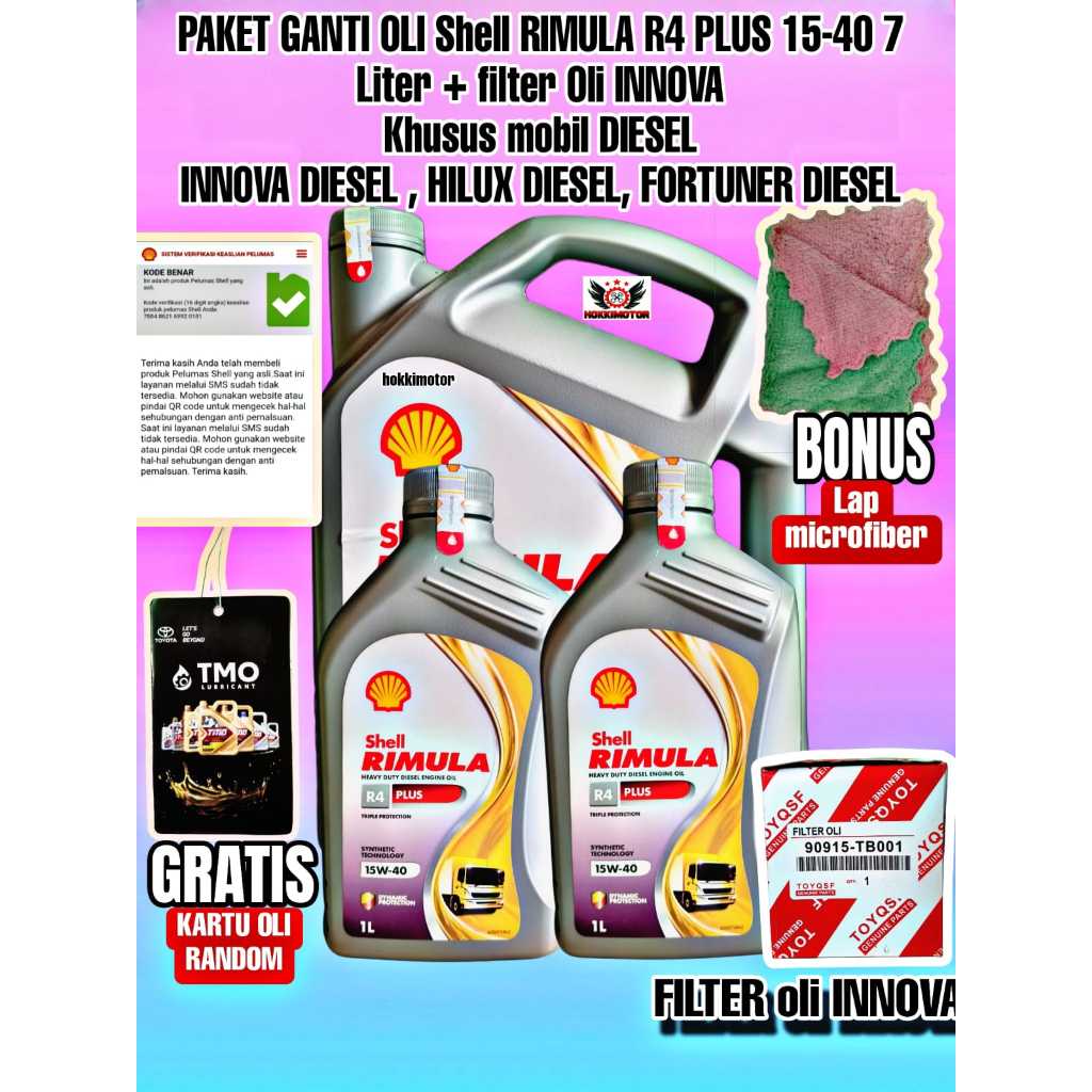 PAKET GANTI OLI Mesin Diesel SHELL RIMULA R4 PLUS 15W-40 7 LITER + FILTER ILI INNOVA (TOYOTA INNOVA 