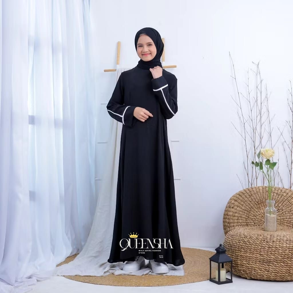 Gamis Abaya Hitam Anak Remaja Syar'i Polos List Putih Terlaris