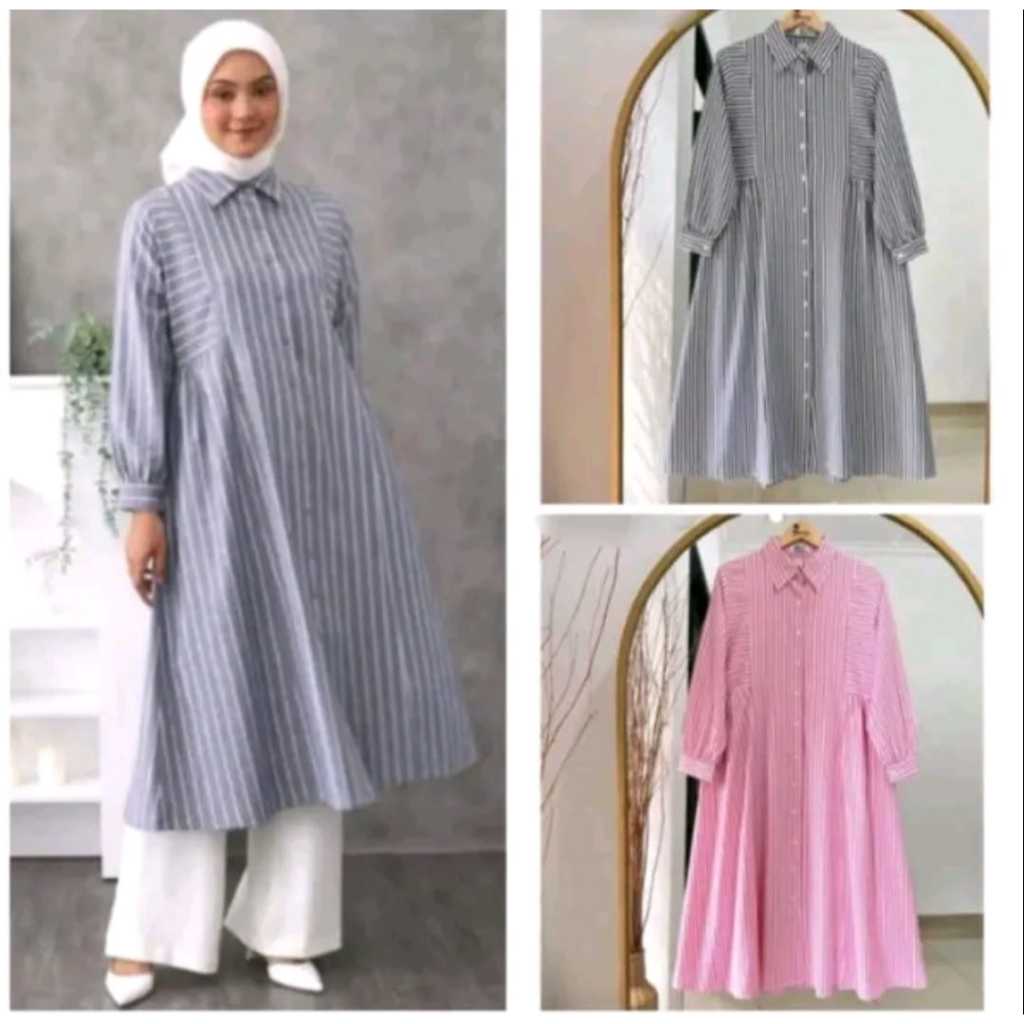 BEST SELLER TUNIC WANITA MOTIF GARIS-GARIS / KEMEJA TUNIK WANITA TERBARU / TUNIK DEWASA JUMBO