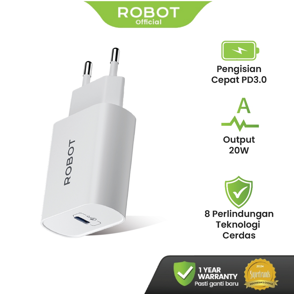 ROBOT Adaptor Kepala Charger iPhone 17 16 15 14 13 Samsung Type C PD 20W Fast Charging RT-L6 Origina
