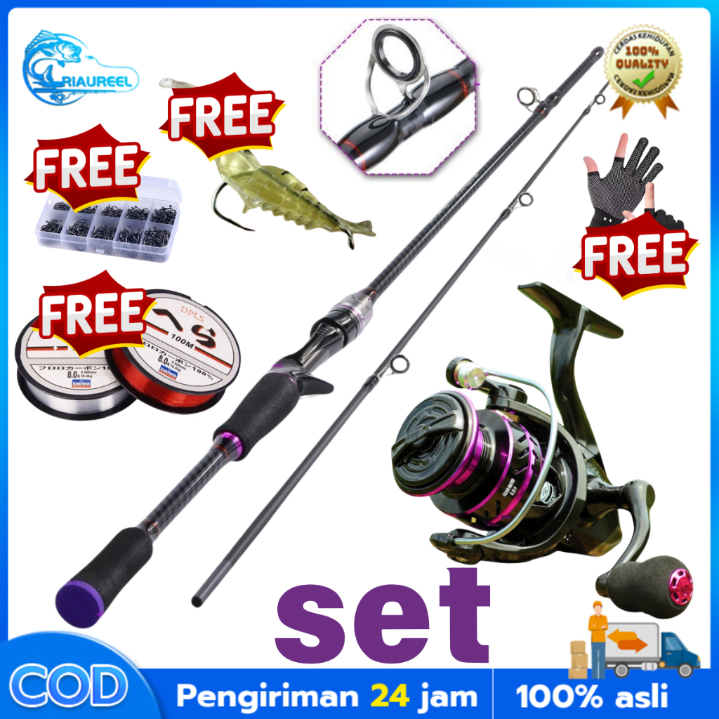 [Riaureel] Satu set reel dan joran 1.8M~2.1M Joran Pancing 6-12LB 165-240cm Joran 2 Bagian Carbon Fi