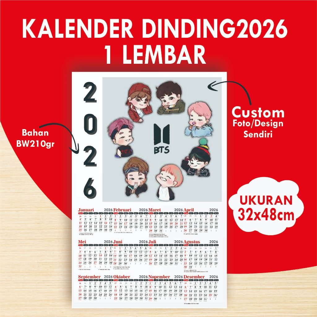 

KALENDER DINDING 2026 CUSTOM DESAIN FOTO KALENDER 1 LEMBAR 12 BULAN