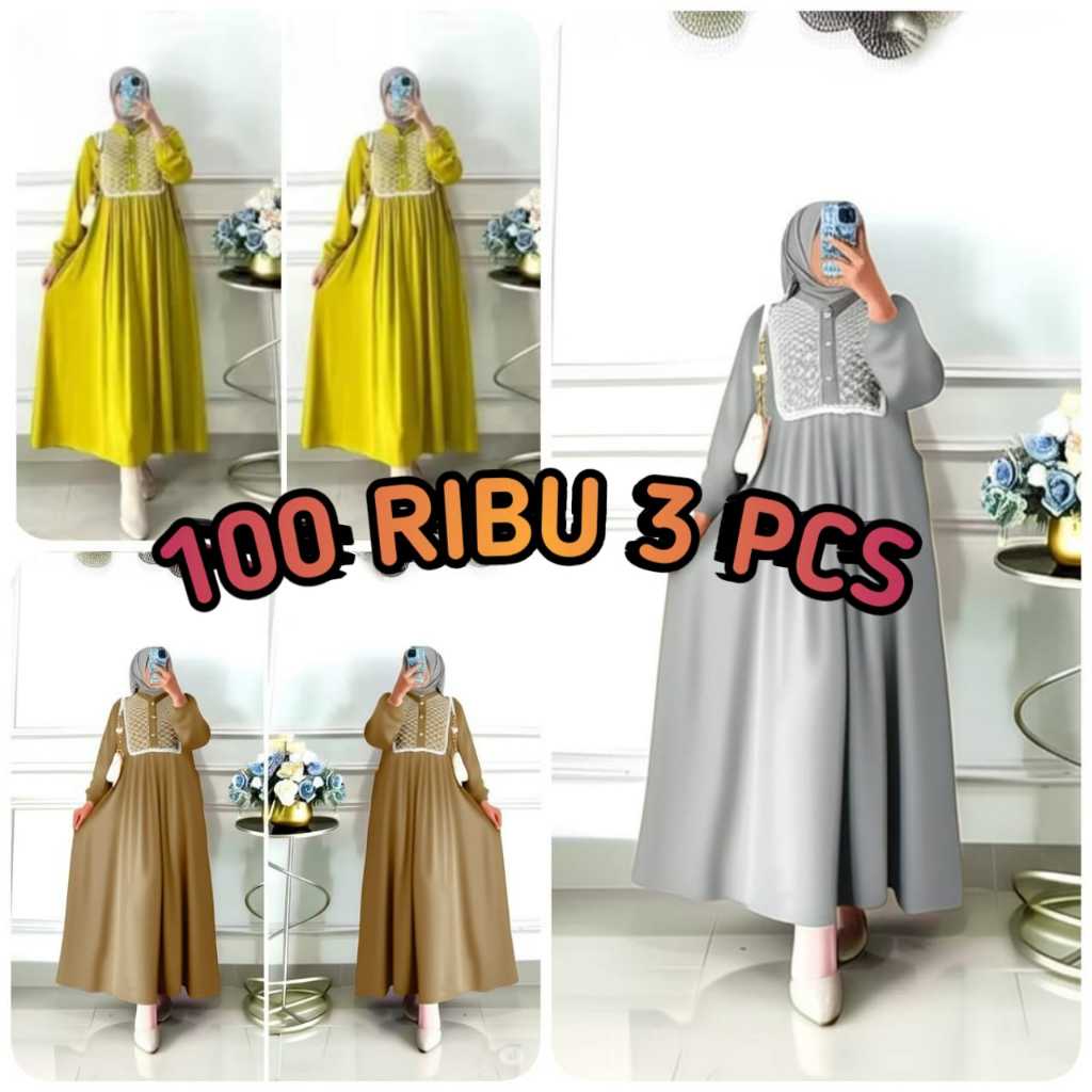 COD Gamis Burkat Jumbo Premium 100 Ribu 3 PCS Gamis Busui Tali Pinggang Murah Gamis Wanita Kekinian