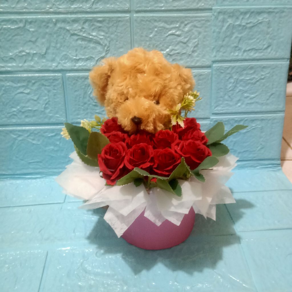 buket box boneka bunga/ kado ulang tahun/kado pacar