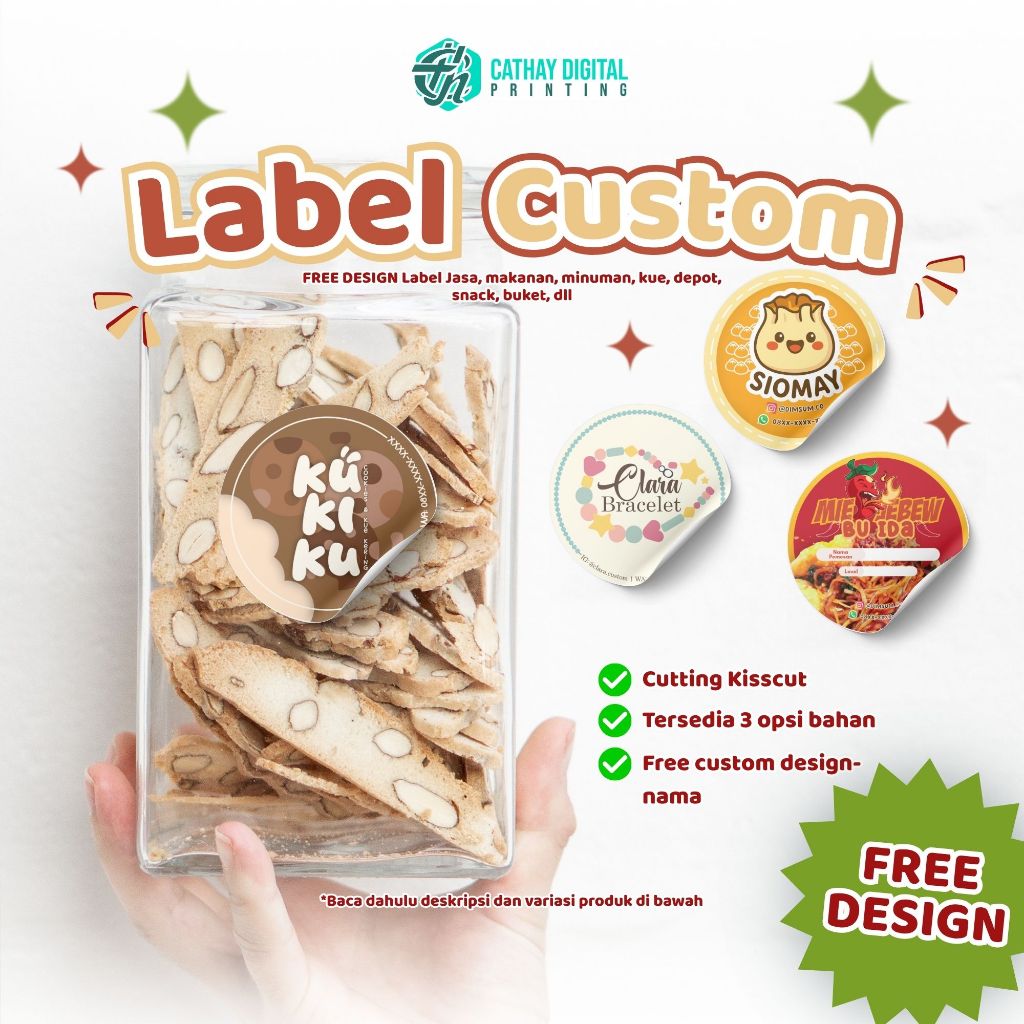 

[100+ pcs] Label Stiker Kemasan Makanan, Snack, Kue, MInuman, Buket, Jasa Custom | Label Custom | Label Cutting Kisscut | Label Bulat Usaha Bisnis | FREE DESIGN