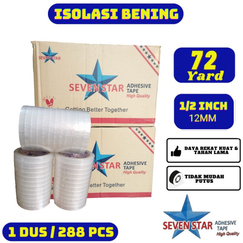

Isolasi Bening 1/2 inch 72 yard Karton Seven Star - Lakban Bening Solasi 12mm