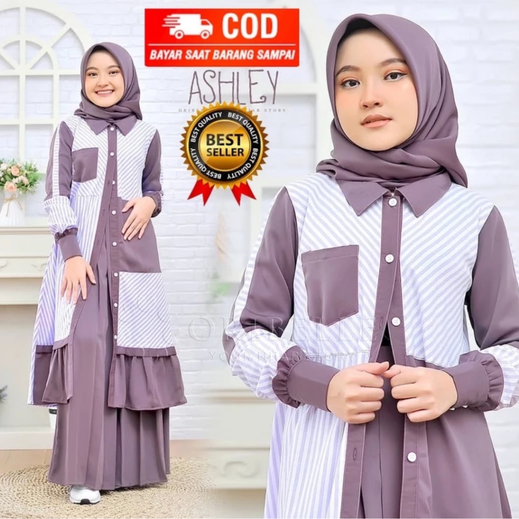 READY Setelan Muslim Anak Perempuan Umur 8 9 10 11 12 Tahun Gamis Remaja Ashley Kids Set Tunik Dan R