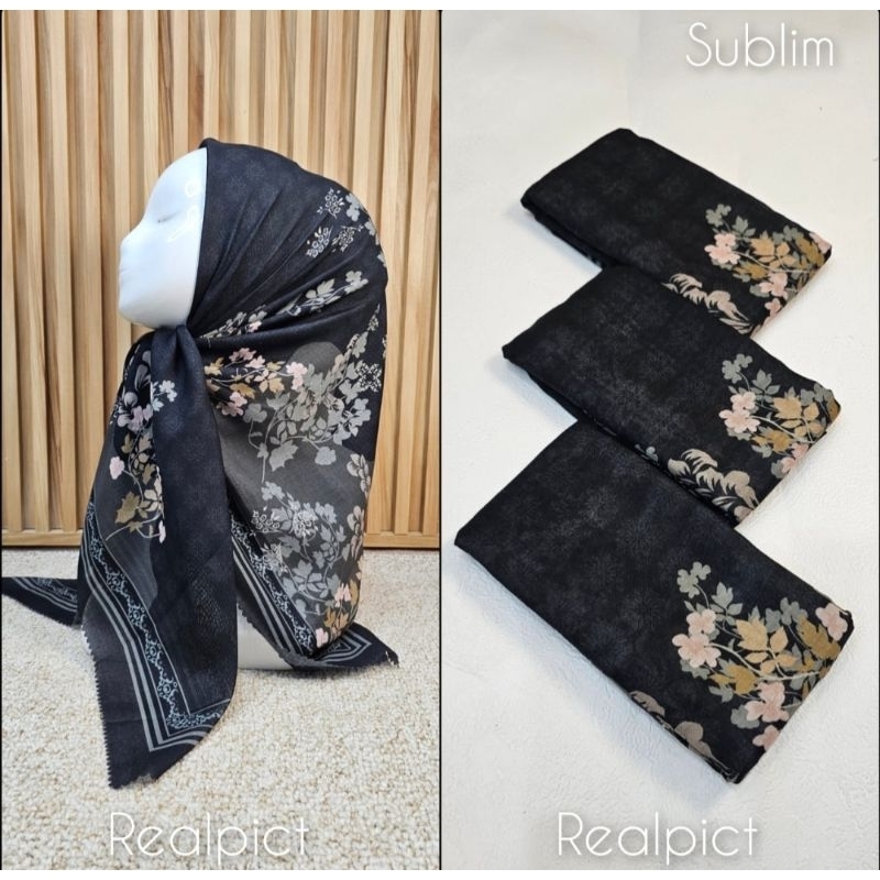 HIJAB SEGI EMPAT VOAL MOTIF BUNGA HITAM BATA PINK