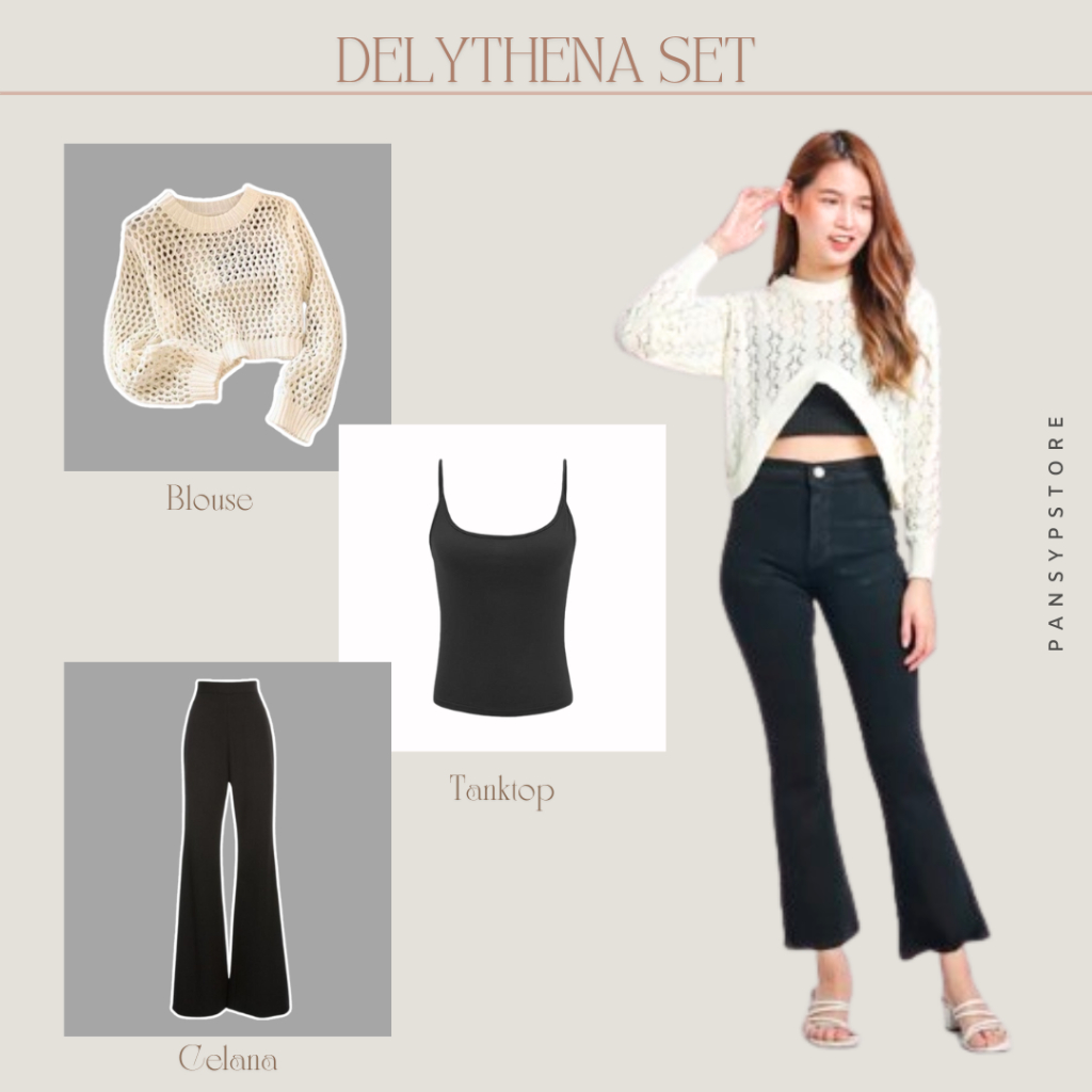Delythena Set Wanita Blouse Crop Knit dan Celana Cutbray Scuba Setelan Casual Simple Daily