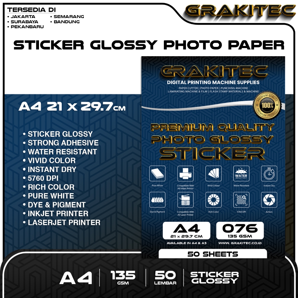 

STICKER GLOSSY PHOTO PAPER A4 - ISI 50 LEMBAR GLOSSY PHOTO STICKER PAPER ( KERTAS FOTO STICKER