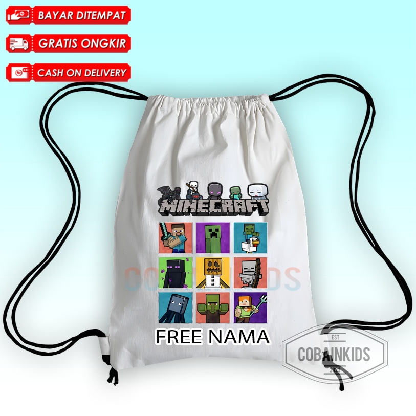 (BISA COD) FREE NAMA TAS SERUT ANAK TAS SEKOLAH ANAK SD SMP MOTIF MINECRAFT POCKET EDITION ALL CHARA
