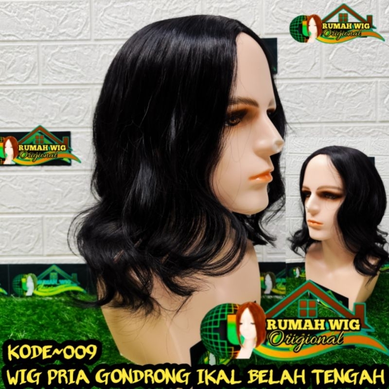 WIG~009 WIG COWOK RAMBUT PALSU PRIA GONDRONG IKAL BELAH TENGAH WARNA HITAM GRATIS WIGCAP