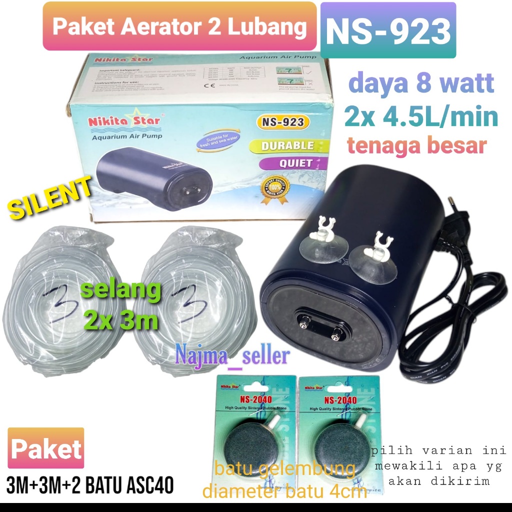 NAJMASELLER || Paket Aerator 2 Lubang NS-923. SILENT, tenaga besar. Daya 8 watt. 2x 4.5L/min. Khusus
