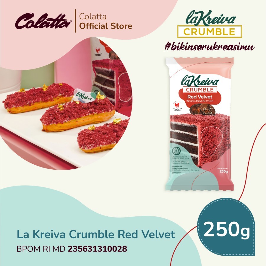 

LA KREIVA Cookie Crumble Rasa RED VELVET 250gr Remahan Cincangan Cacahan Kue Cookies Topping Cake Roti Snack Toping Cheesecake Donat Aneka Kreasi Dessert Creamy Crunchy Renyah Murah Asli Original Malang Jatim