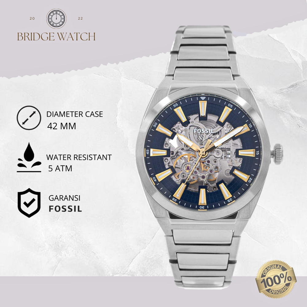 Jam Tangan Pria Fossil Automatic ME3220 Everett Original Silver Stainless Steel Strap Rantai Blue Di