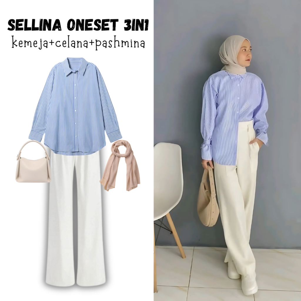 oneset 3in1 baju atasan kemeja salur biru putih strip celana kulot highwaist pashmina ceruty cream |