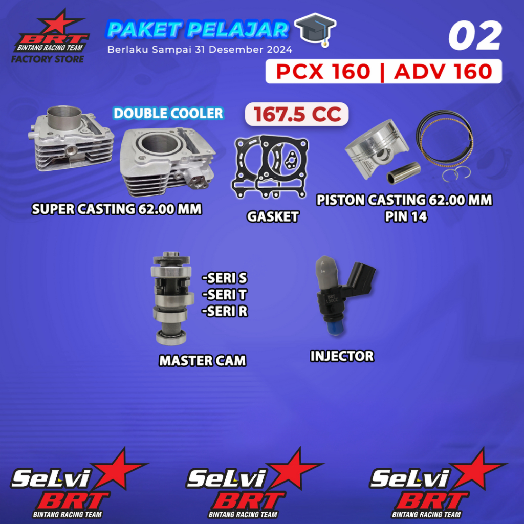 PAKET BORE UP BRT BLOK SET PISTON INJEKTOR NOKEN AS MASTER CAM VARIO 160 PCX 160 ADV 160 BORE UP