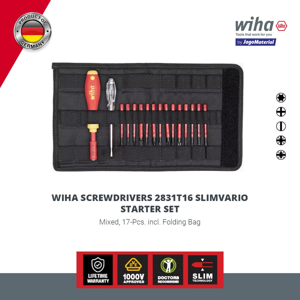 Wiha Insulated Screwdrivers 2831T16 slimVario® Starter Set - Obeng Listrik + Mata Obeng Set Insulasi