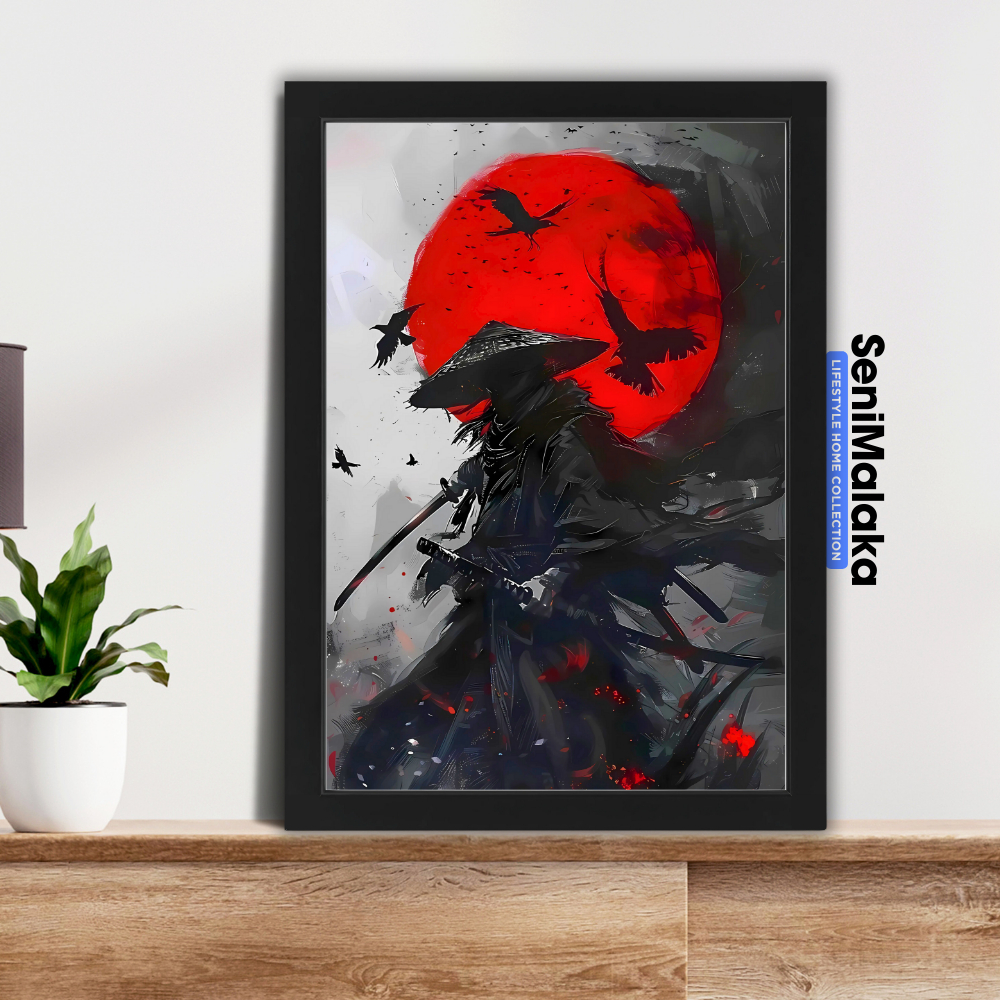 Samurai Poster Frame A2 Samurai Under Moonscape + Frame Kayu Premium Jumbo