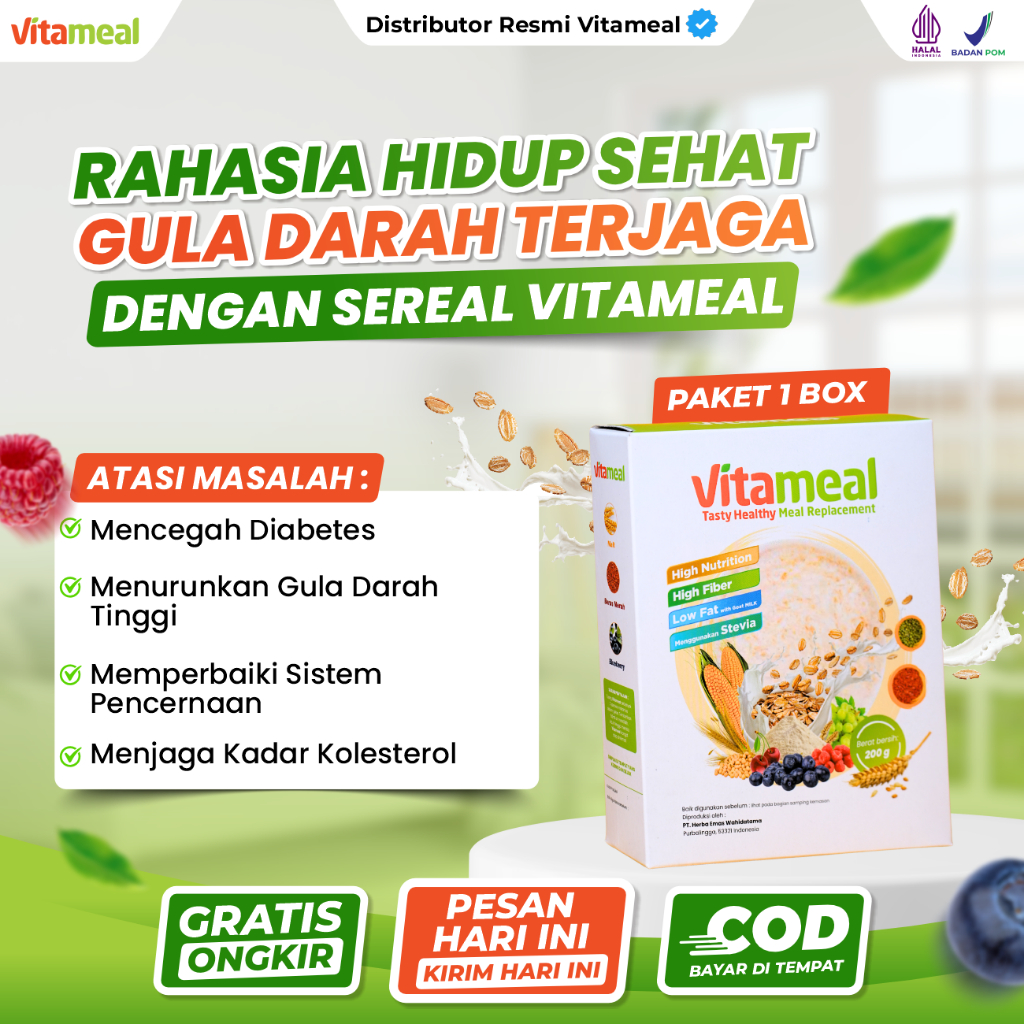 

VITAMEAL 1 Box - Original 100%. Sereal Sehat Multigrain Bantu Cegah Diabetes Menurunkan Gula Darah Tinggi Mengatasi Kencing Manis Diabetes Melitus Sereal Pengganti Sarapan Diet Sehat Meal Replacement Detoks Melancarkan Pencernaan Asam Lambung