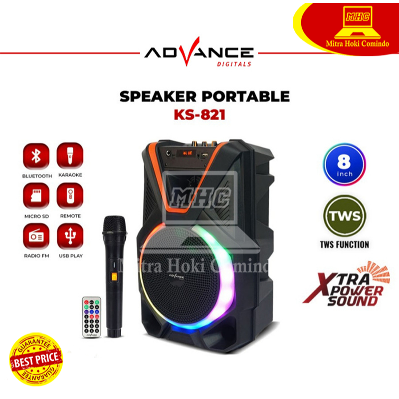Speaker Bluetooth Music Karaoke Advance KS821 8 inch Free Mic KS-821