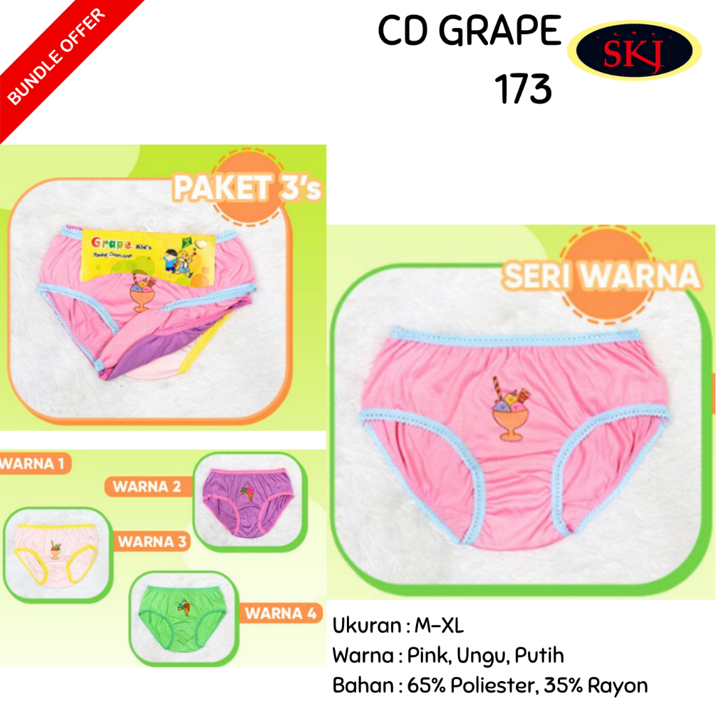 [ISI 3] CD GRAPE Anak 173 Motif Bunga Dasar Putih size M-L / CD Anak Perempuan