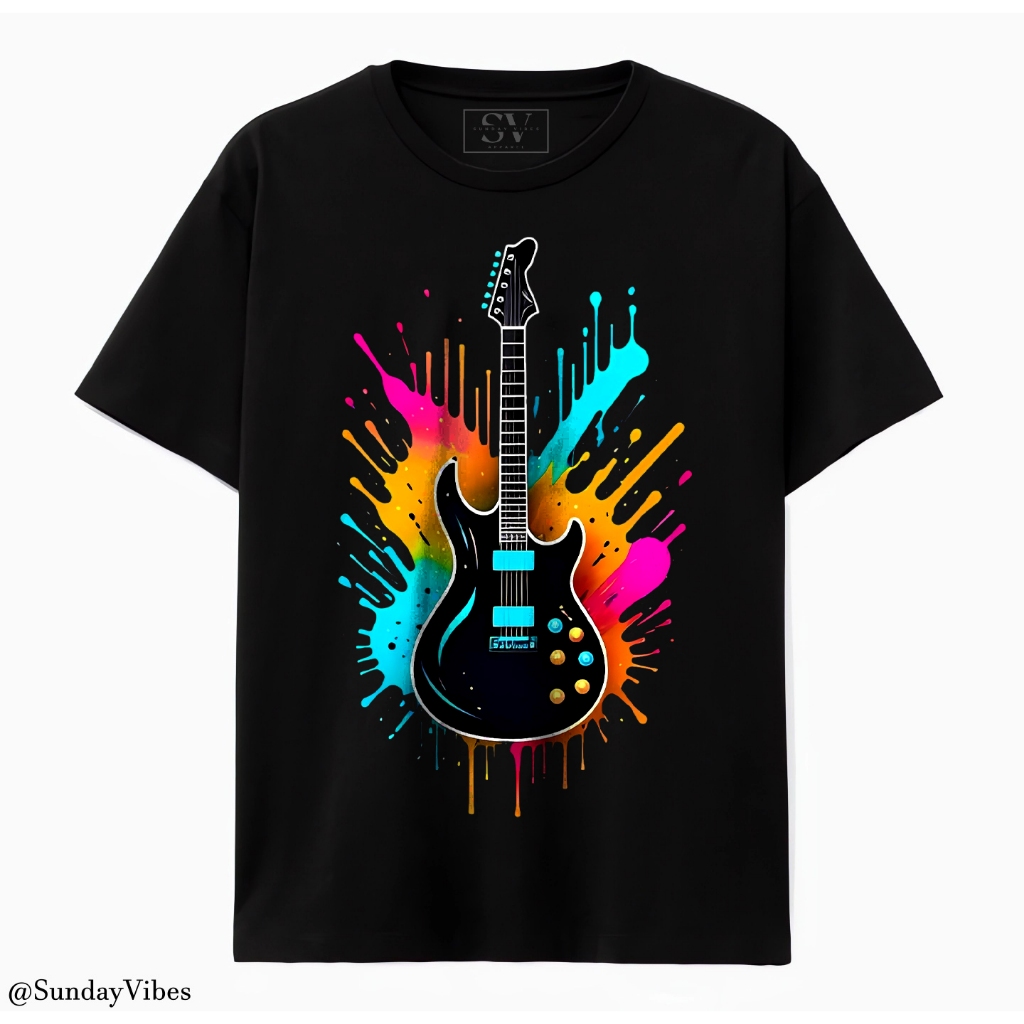 SundayVibes - Baju Kaos Pria Distro 3D Lengan Pendek Hitam Premium Original Keren Gitar Pancawarna
