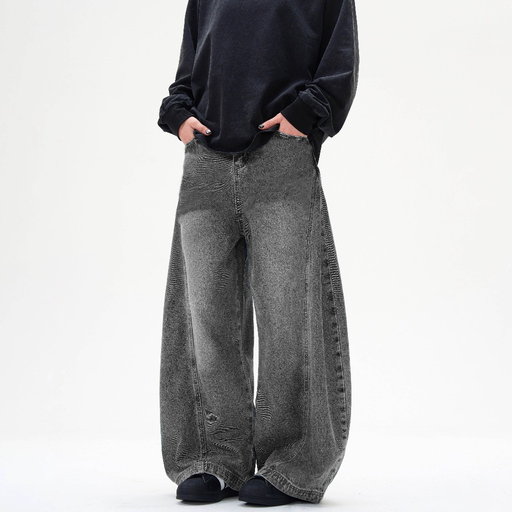 OVERSIZE VINTAGE Celana Jeans Pria Baggy Kulot Retro Abu Standar Original Cowok Casual Denim keren L