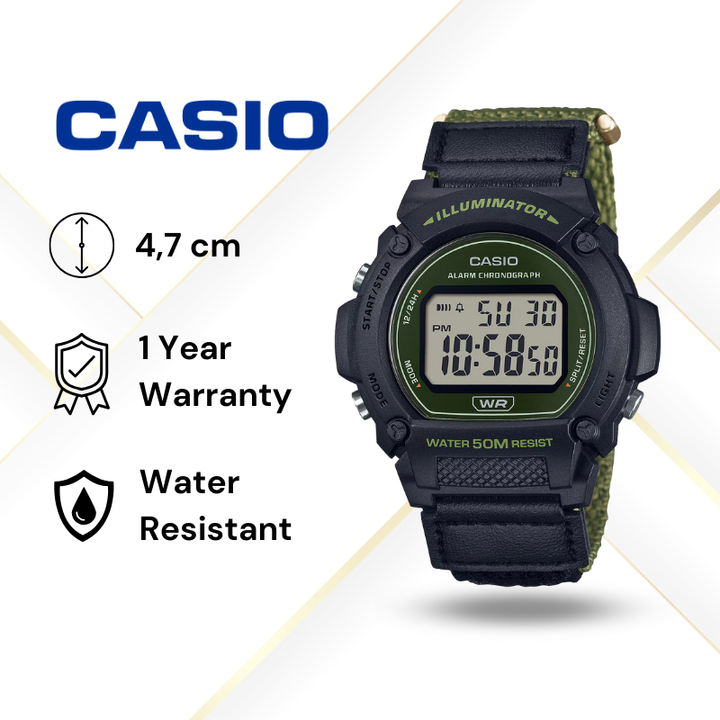 JAM TANGAN PRIA CASIO W-219HB-3A ORIGINAL - W 219HN 3AVDF HIJAU CANVAS JAM TANGAN CASIO ORIGINAL