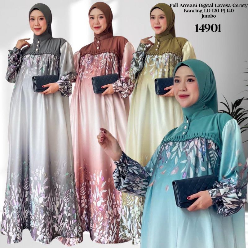 gamis jumbo silk armani set hijab segi empat mewah lebaran2025