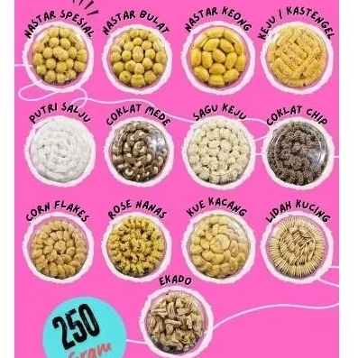 

kue kering 250gram ( nastar keju,kastengel,putri salju,nastar keong,nastar bulat polos,choco chip,coklat mede,ekkado,sagu keju,dll)