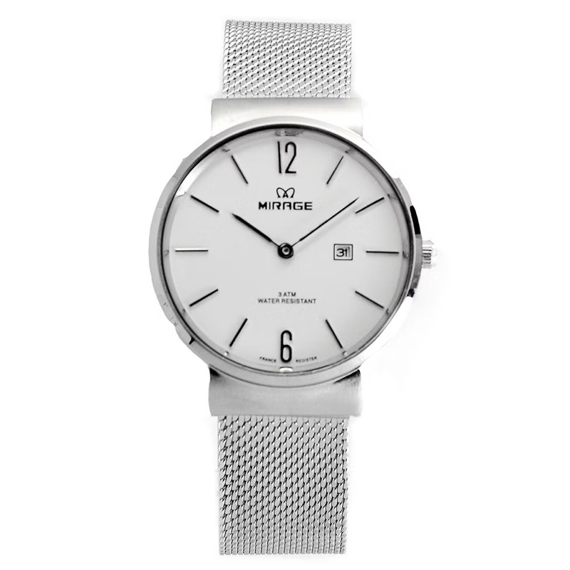 Jam Tangan Mirage Analog Pria Anti Air Silver Rantai Pasir 8624 M 2 Jarum Stainless Kasual Original