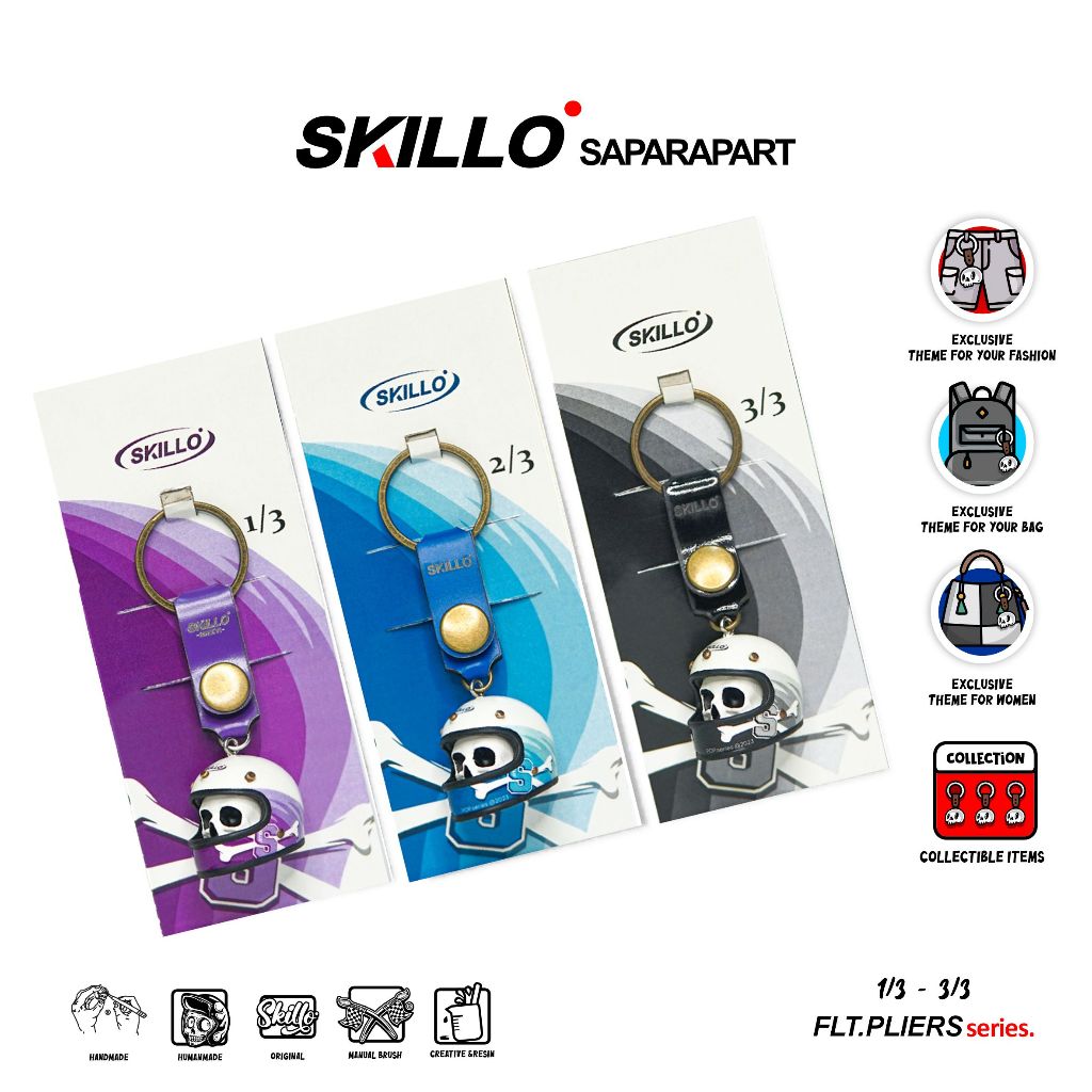 SKILLO - FLAT SKULL X - Gantungan Kunci Miniatur Helm Keychain Handmade Helmet