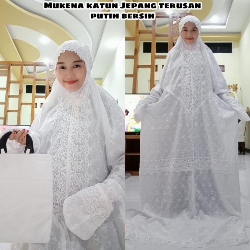 Mukena Terusan Dewasa Katun Jepang Renda KD Putih