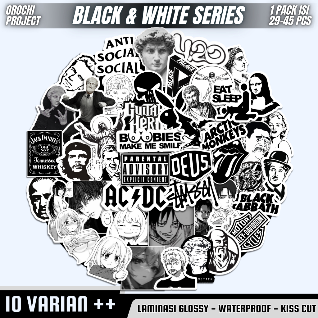

Sticker Stiker Bundling Pack BLACK & WHITE BNW SERIES Top karakter Anime Logo Brand Hypebeast Greek Vinyl Glossy Anti Air Case HP Laptop Tumbler Motor Helm